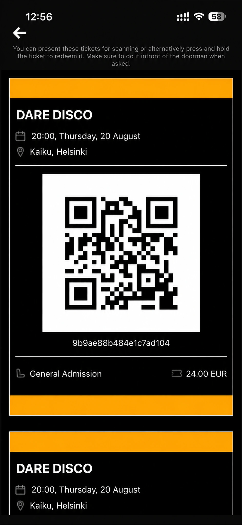 Eventual Tickets digital admission ticket for DARE DISCO at Kaiku in Helsinki