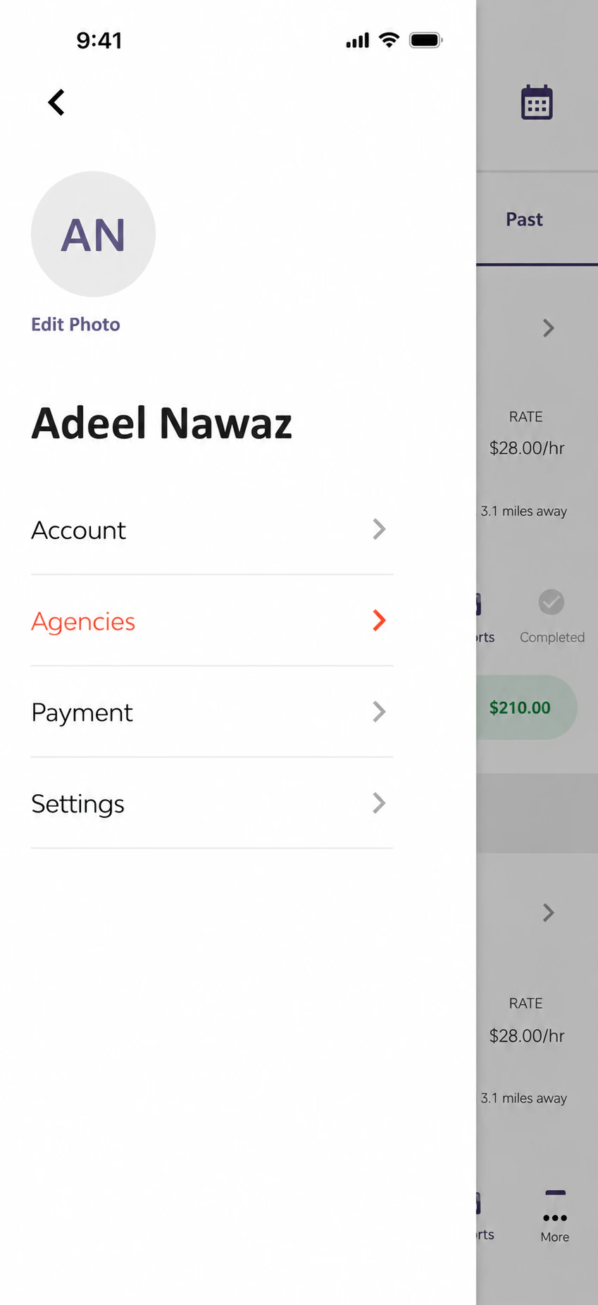 Senegal Software account drawer with profile, agency, payment, and settings navigation