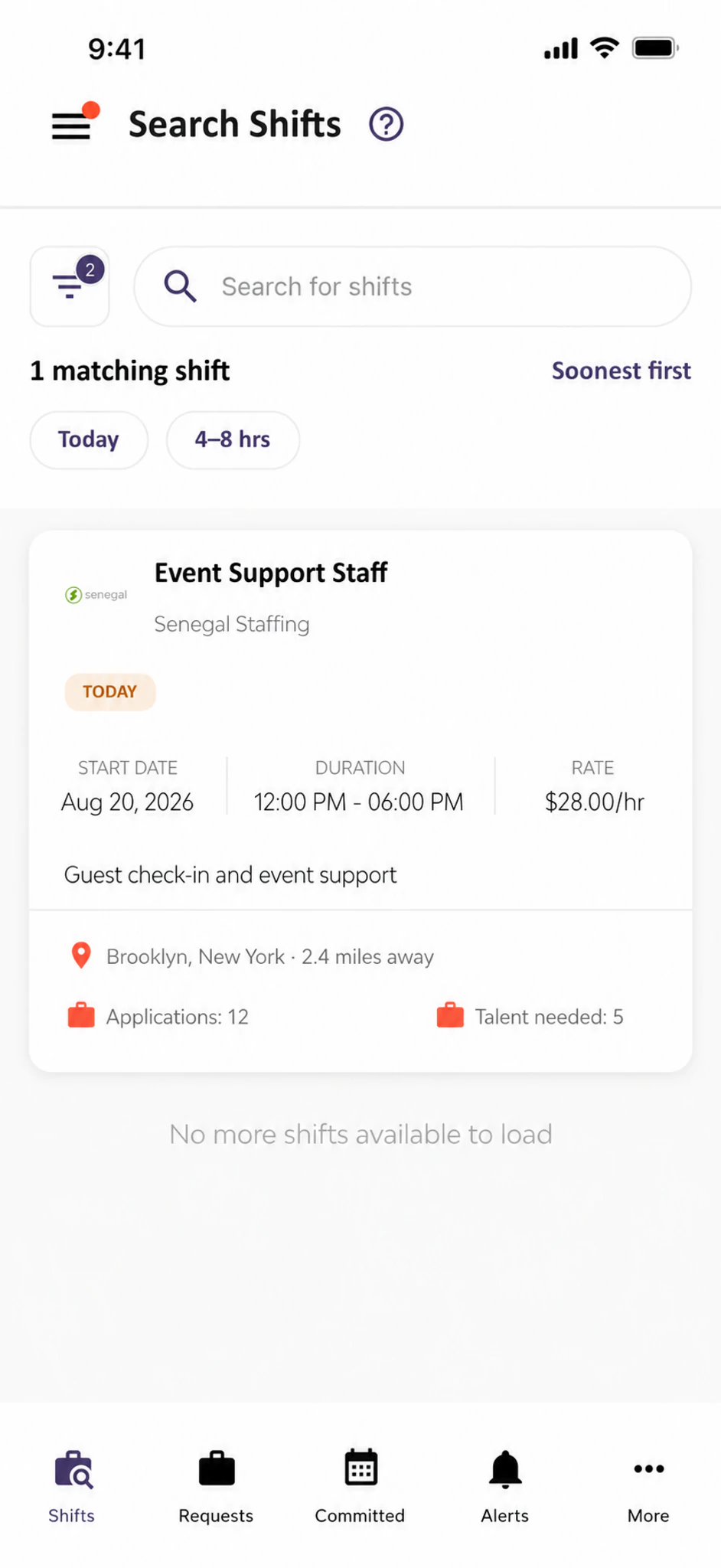 Senegal Software search shifts screen with filters and an event support staffing opportunity